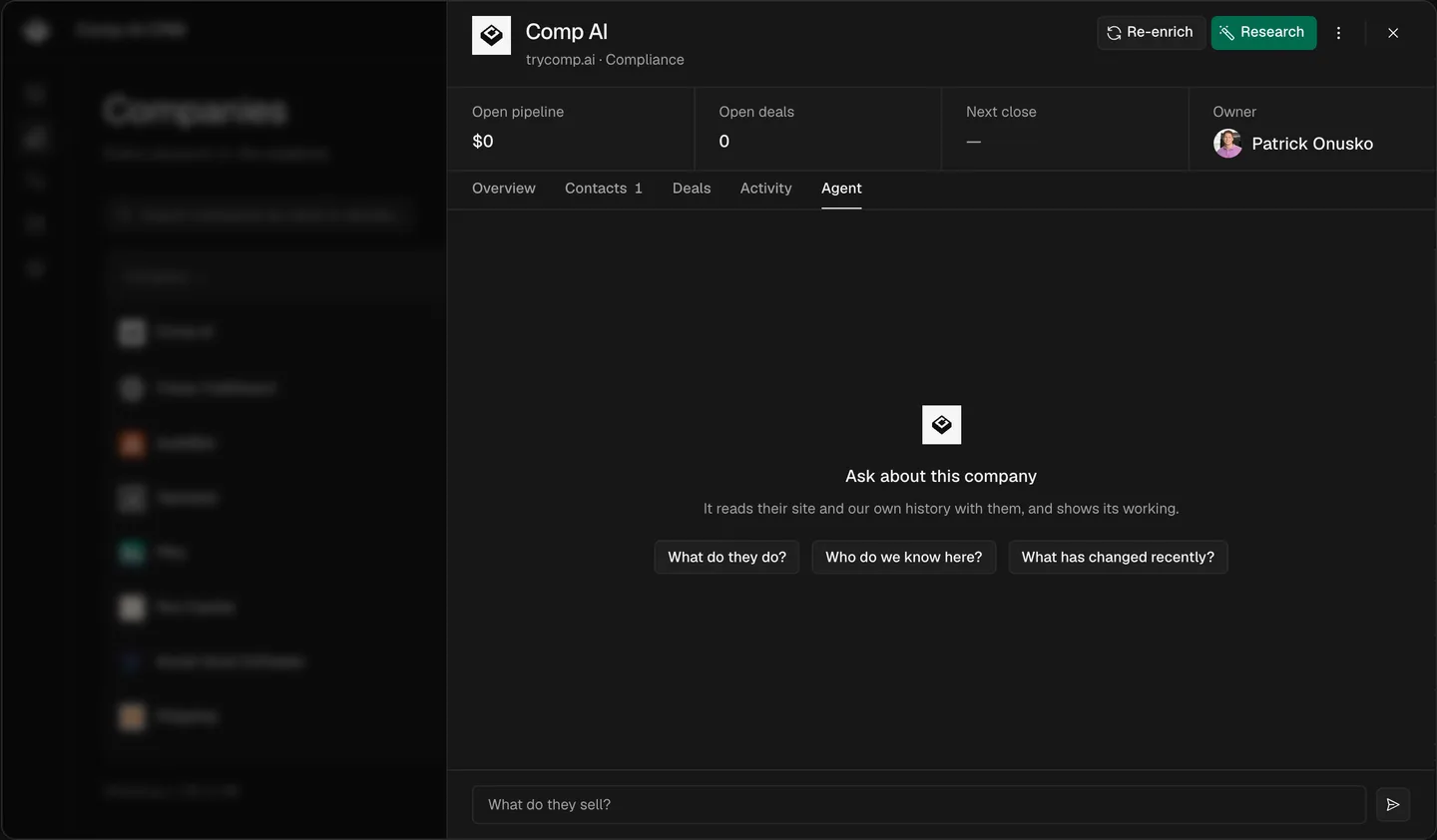 Screenshot: Comp AI CRM